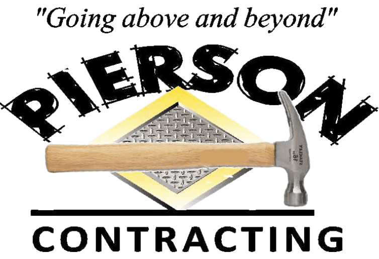 Logo for Pierson Contracting featuring a hammer, a diamond plate background, and the slogan "Going above and beyond.